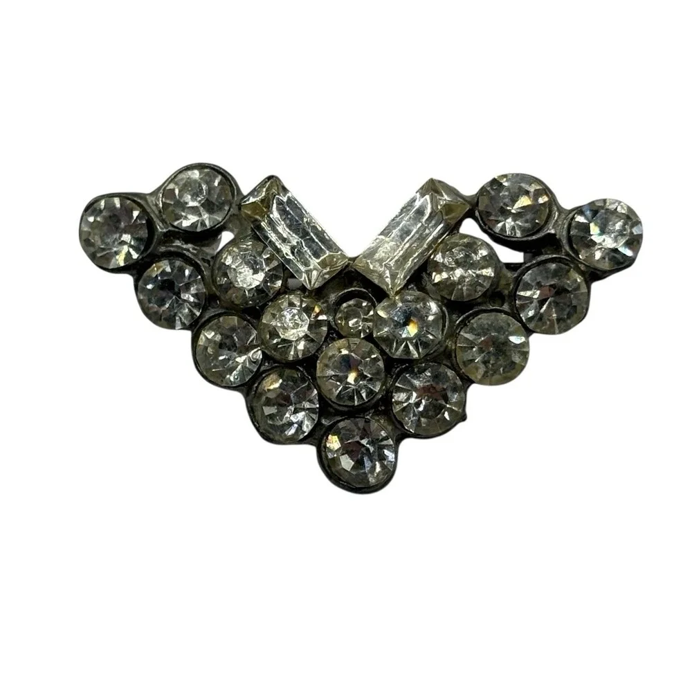 Art Deco Brooch Pin Pot Metal Baguette Clear Rhinestone V Shaped VTG Silver Tone